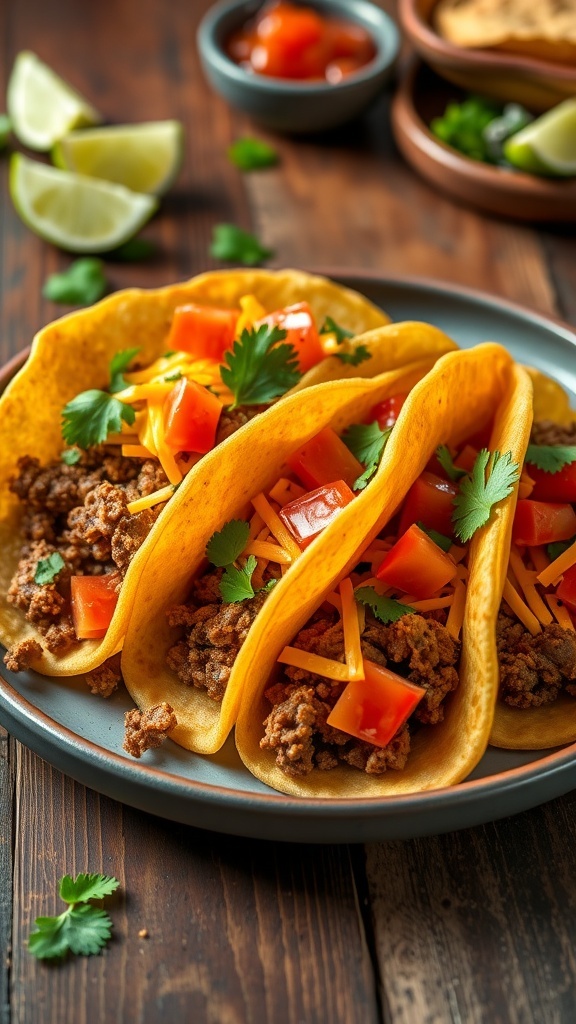Crispy carnivore taco shells filled with ground meat, topped with cheese and tomatoes, on a rustic table.